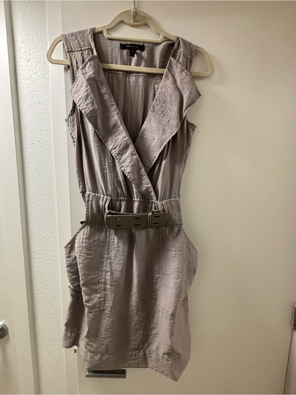 BCBGMaxAzria Taupe Sleeveless V-Neck Belted Mini Dress